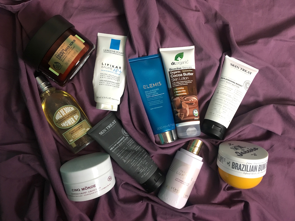 Produkter för torr hud på kroppen från bland annat The Body Shop Elemis och Skin Treat